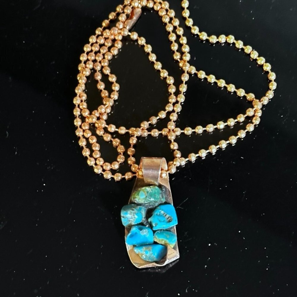 Kingman Turquoise Copper Pendant Necklace Brutalist Handmade NWT Gift Inlaid - Picture 4 of 7